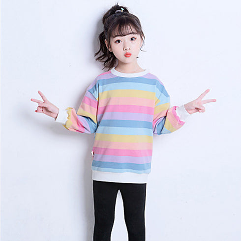 新作 子供服 キッズ 女の子 新作 子供服 キッズ 女の子 長袖Tシャツ レインボーストライプ トップス ゆったり シンプル カジュアル 人気 可愛い 33FYYFS-001