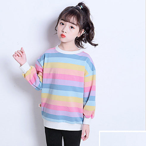 新作 子供服 キッズ 女の子 新作 子供服 キッズ 女の子 長袖Tシャツ レインボーストライプ トップス ゆったり シンプル カジュアル 人気 可愛い 33FYYFS-001