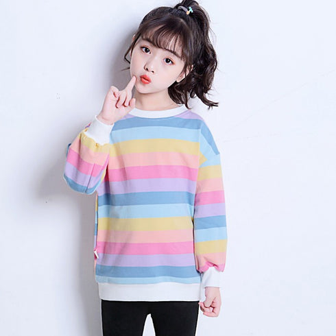新作 子供服 キッズ 女の子 新作 子供服 キッズ 女の子 長袖Tシャツ レインボーストライプ トップス ゆったり シンプル カジュアル 人気 可愛い 33FYYFS-001
