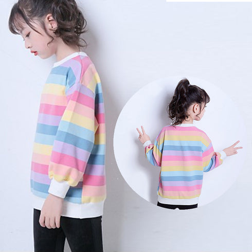 新作 子供服 キッズ 女の子 新作 子供服 キッズ 女の子 長袖Tシャツ レインボーストライプ トップス ゆったり シンプル カジュアル 人気 可愛い 33FYYFS-001