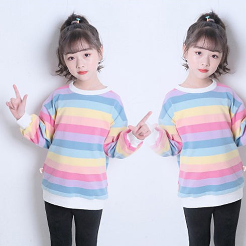 新作 子供服 キッズ 女の子 新作 子供服 キッズ 女の子 長袖Tシャツ レインボーストライプ トップス ゆったり シンプル カジュアル 人気 可愛い 33FYYFS-001