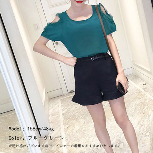 前後2way シフォン ブラウス 半袖 トップス レディース 透け感 ブラウス 肩出し 可愛い 韓国風 フェミニン おしゃれ 肌見せ 肩あき 33HUIYI-001