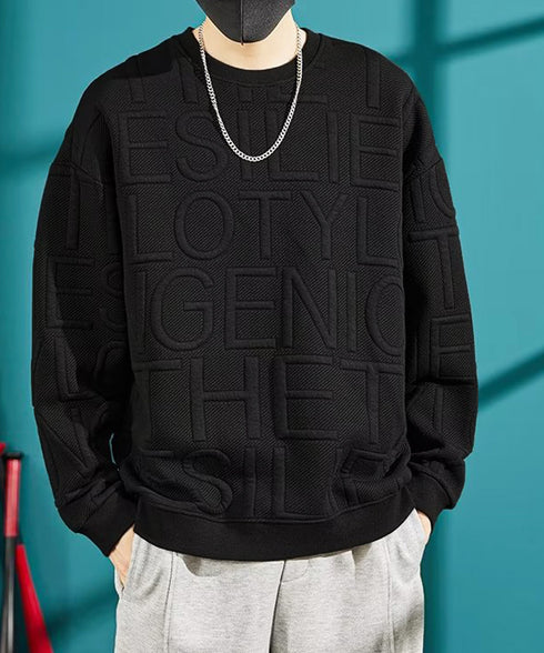 エンボス加工ロゴtシャツ メンズ 長袖 大人 カジュアル tシャツ黒 秋冬 ゆったり 男女兼用 クルーネック カップル かっこいい 立体ロゴ 韓国風トレーナー 33NZ-011