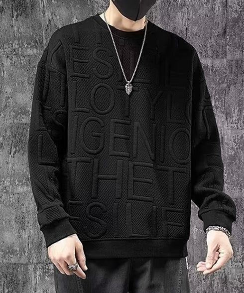 エンボス加工ロゴtシャツ メンズ 長袖 大人 カジュアル tシャツ黒 秋冬 ゆったり 男女兼用 クルーネック カップル かっこいい 立体ロゴ 韓国風トレーナー 33NZ-011