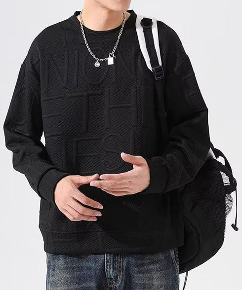 エンボス加工ロゴtシャツ メンズ 長袖 大人 カジュアル tシャツ黒 秋冬 ゆったり 男女兼用 クルーネック カップル かっこいい 立体ロゴ 韓国風トレーナー 33NZ-011