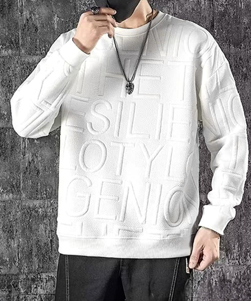 エンボス加工ロゴtシャツ メンズ 長袖 大人 カジュアル tシャツ黒 秋冬 ゆったり 男女兼用 クルーネック カップル かっこいい 立体ロゴ 韓国風トレーナー 33NZ-011