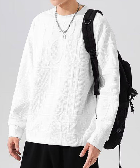 エンボス加工ロゴtシャツ メンズ 長袖 大人 カジュアル tシャツ黒 秋冬 ゆったり 男女兼用 クルーネック カップル かっこいい 立体ロゴ 韓国風トレーナー 33NZ-011