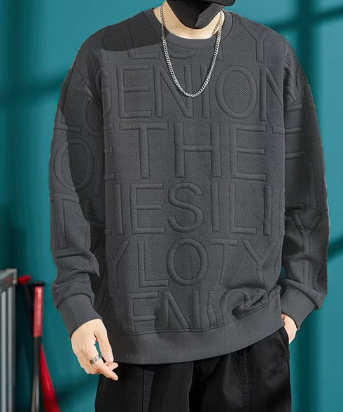 エンボス加工ロゴtシャツ メンズ 長袖 大人 カジュアル tシャツ黒 秋冬 ゆったり 男女兼用 クルーネック カップル かっこいい 立体ロゴ 韓国風トレーナー 33NZ-011