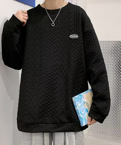 トレーナー 秋服 長袖 丸襟プルオーバー クルーネックカットソー メンズ ゆったり エンボス加工tシャツ 型押しスウェット かっこいい ルーズ カジュアルトップス 33NZ-015