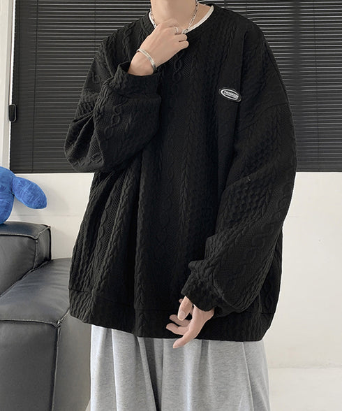 トレーナー 秋服 長袖 丸襟プルオーバー クルーネックカットソー メンズ ゆったり エンボス加工tシャツ 型押しスウェット かっこいい ルーズ カジュアルトップス 33NZ-015