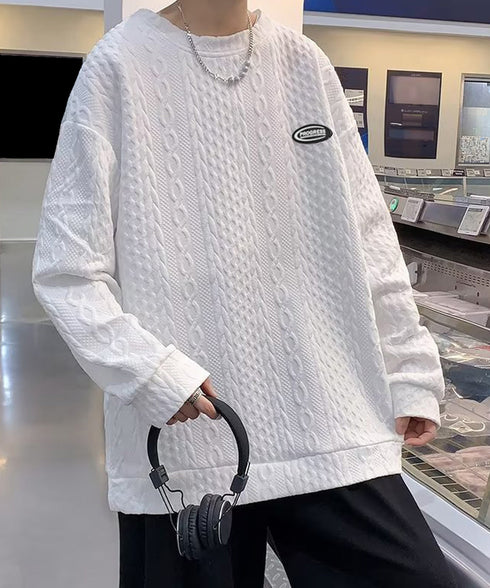 トレーナー 秋服 長袖 丸襟プルオーバー クルーネックカットソー メンズ ゆったり エンボス加工tシャツ 型押しスウェット かっこいい ルーズ カジュアルトップス 33NZ-015