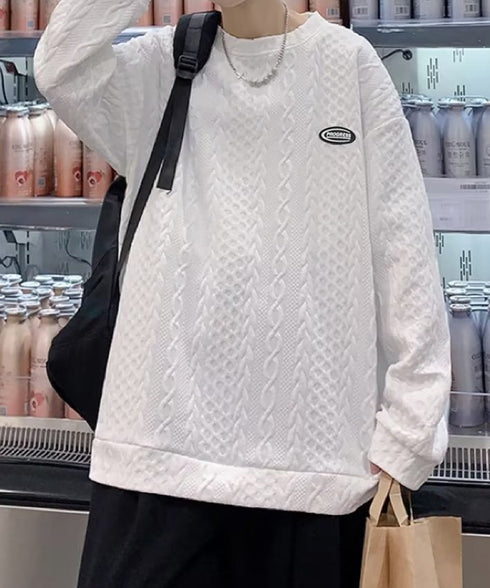 トレーナー 秋服 長袖 丸襟プルオーバー クルーネックカットソー メンズ ゆったり エンボス加工tシャツ 型押しスウェット かっこいい ルーズ カジュアルトップス 33NZ-015