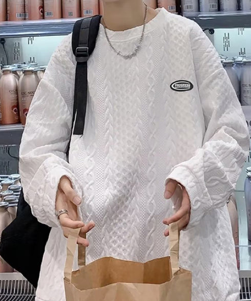 トレーナー 秋服 長袖 丸襟プルオーバー クルーネックカットソー メンズ ゆったり エンボス加工tシャツ 型押しスウェット かっこいい ルーズ カジュアルトップス 33NZ-015