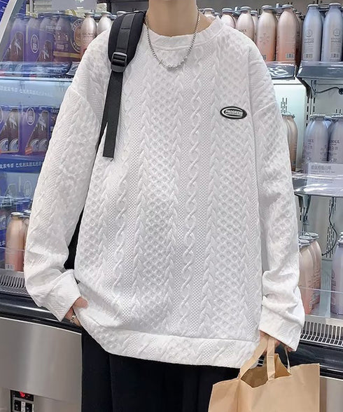 トレーナー 秋服 長袖 丸襟プルオーバー クルーネックカットソー メンズ ゆったり エンボス加工tシャツ 型押しスウェット かっこいい ルーズ カジュアルトップス 33NZ-015