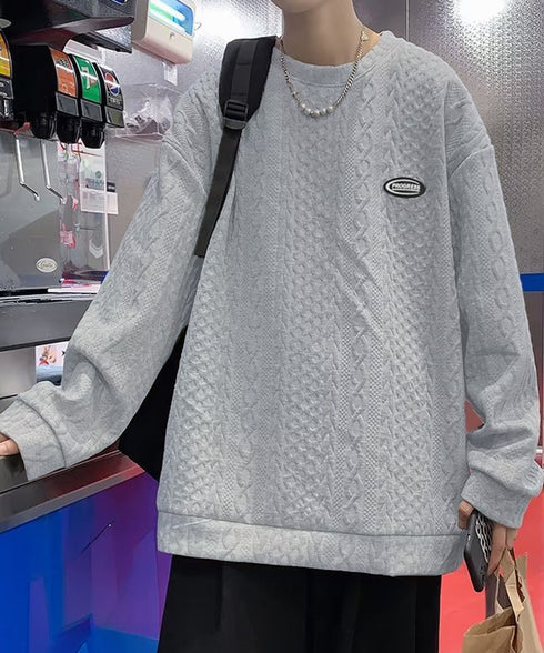 トレーナー 秋服 長袖 丸襟プルオーバー クルーネックカットソー メンズ ゆったり エンボス加工tシャツ 型押しスウェット かっこいい ルーズ カジュアルトップス 33NZ-015