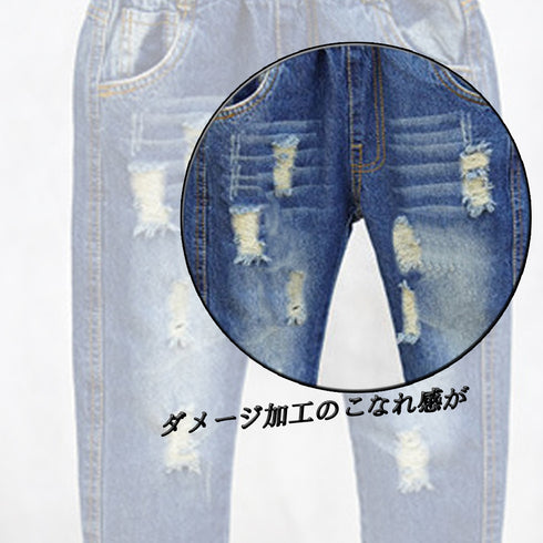 キッズ ダメージデニムパンツ 長ズボン 可愛い 女の子 新作 男の子 春 秋着 ファッション ジュニア 小学生 お洒落 ボトムス 33ZTFS-003