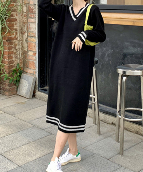 ニットワンピース ロング レディース秋冬 Vネック ワンピース おしゃれ 長袖ワンピース 体型カバー 着やせ きれいめカジュアル ゆったり Iラインワンピース韓国 3BIJIN-001