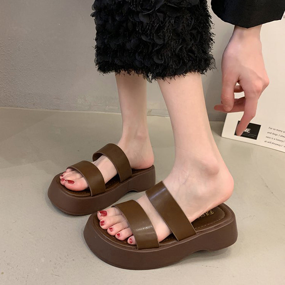 厚底サンダル ベルトフラットサンダル美脚 ブラウン