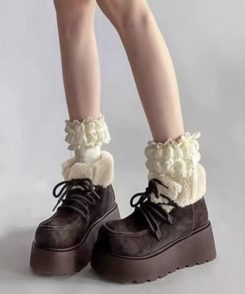 厚底ムートンブーツもこもこショートブーツ レディース レースアップブーツ 防寒シューズ 履きやすい裏起毛ブーティ 歩きやすい あったかシューズ 大人可愛い軽量冬靴 3JIANLONG-081