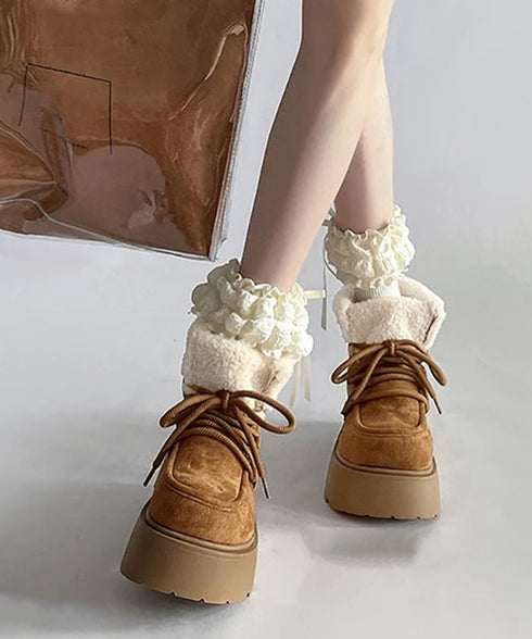 厚底ムートンブーツもこもこショートブーツ レディース レースアップブーツ 防寒シューズ 履きやすい裏起毛ブーティ 歩きやすい あったかシューズ 大人可愛い軽量冬靴 3JIANLONG-081