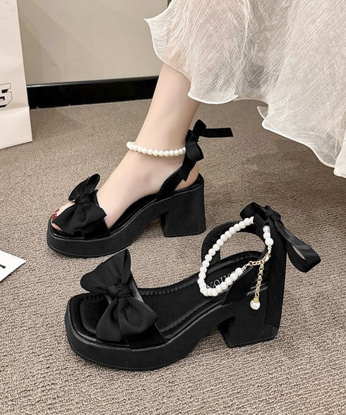 リボン厚底サンダル パールストラップ美脚 レディース 大人可愛い チャンキーヒールサンダル きれいめ 歩きやすい太ヒールサンダル エレガント夏靴 脚長 疲れにくい 3JIANLONG-087
