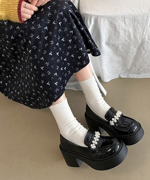 パールビジュー厚底ローファー フェミニン ボリュームソールローファーレディース 歩きやすい 太ヒールパンプス チャンキーヒール PUレザー ドレスシューズ お嬢様 3JIANLONG-093