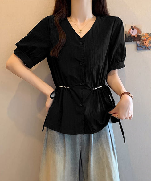 ドロストシャツブラウス パール付夏服半袖 Vネックブラウス ウエストマーク 大人可愛いシャツ白 オフィスカジュアル 着やせゆったり ギャザーシャツ ウエストリボン 3MEILIXQ-003