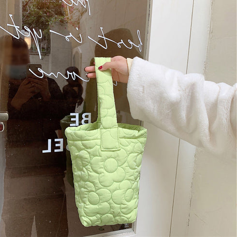 ミニトートバッグ パステルカラー 韓国 キルティングトート お散歩バッグ 花柄ステッチ 大人可愛い バケツバッグ 縦型 ハンドバッグ 手提げカバン おしゃれ 3SBAOB-015