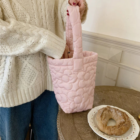 ミニトートバッグ パステルカラー 韓国 キルティングトート お散歩バッグ 花柄ステッチ 大人可愛い バケツバッグ 縦型 ハンドバッグ 手提げカバン おしゃれ 3SBAOB-015