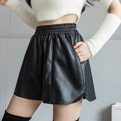 PUレザー ショートパンツ レディース おしゃれ フェイクレザー 短パン ウエストゴム ボトムス ハイウエスト カジュアル 美脚パンツ キュロット 着やせ 秋冬 3XAYAT-026