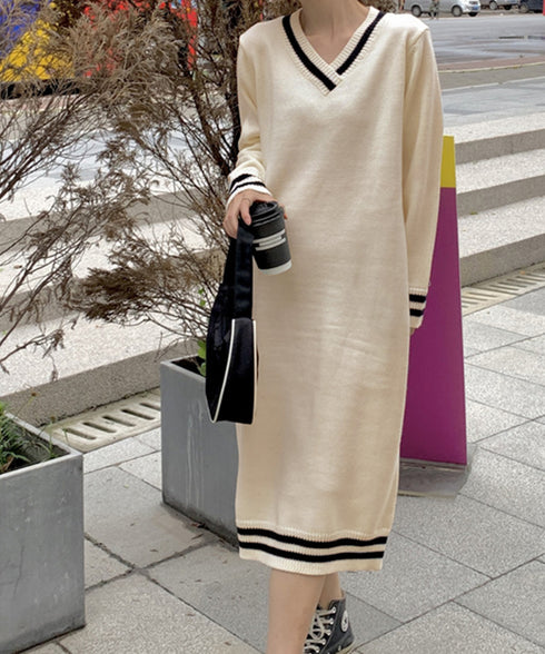 ニットワンピース ロング レディース秋冬 Vネック ワンピース おしゃれ 長袖ワンピース 体型カバー 着やせ きれいめカジュアル ゆったり Iラインワンピース韓国 3BIJIN-001