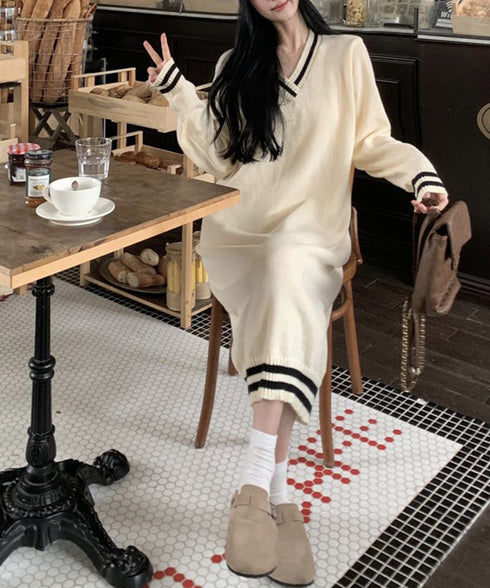 ニットワンピース ロング レディース秋冬 Vネック ワンピース おしゃれ 長袖ワンピース 体型カバー 着やせ きれいめカジュアル ゆったり Iラインワンピース韓国 3BIJIN-001