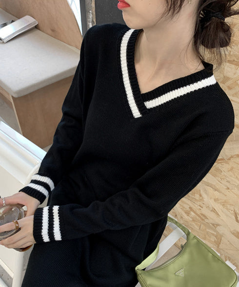 ニットワンピース ロング レディース秋冬 Vネック ワンピース おしゃれ 長袖ワンピース 体型カバー 着やせ きれいめカジュアル ゆったり Iラインワンピース韓国 3BIJIN-001