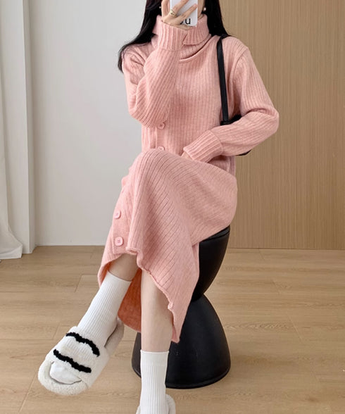 タートルネック ワンピース体型カバー韓国 スヌード付き リブニットワンピ レディース おしゃれ ロングワンピース 秋冬 大人カジュアル きれいめ 着やせワンピース 3BIJIN-002