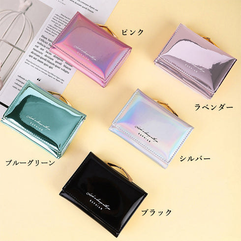 がま口三つ折り財布 ミニウォレット 韓国 オーロラカラー ミニ財布 小銭入れ カード入れ 軽い 小さめ コンパクト財布 女子おしゃれ 中学生高校生 PUレザー財布 3CHUNFU-001
