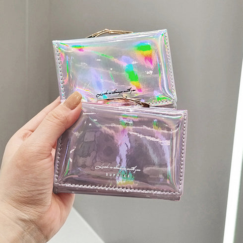 がま口三つ折り財布 ミニウォレット 韓国 オーロラカラー ミニ財布 小銭入れ カード入れ 軽い 小さめ コンパクト財布 女子おしゃれ 中学生高校生 PUレザー財布 3CHUNFU-001
