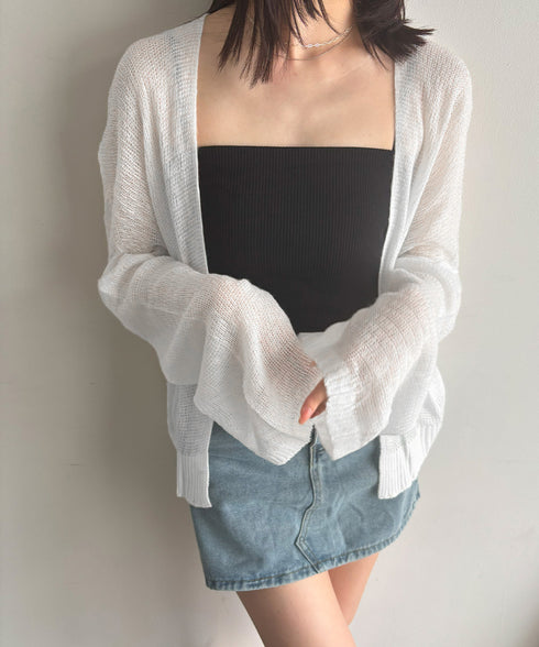 トップス 前開き カーディガン 薄手 夏 トッパーカーデ レディース きれいめ ボリューム袖 ふんわり ゆったり ショート サマーニット 韓国ファッション 3HANFUMO-001