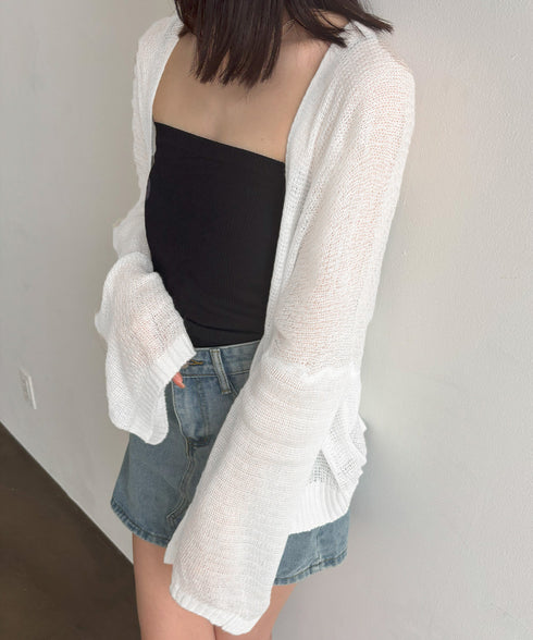 トップス 前開き カーディガン 薄手 夏 トッパーカーデ レディース きれいめ ボリューム袖 ふんわり ゆったり ショート サマーニット 韓国ファッション 3HANFUMO-001