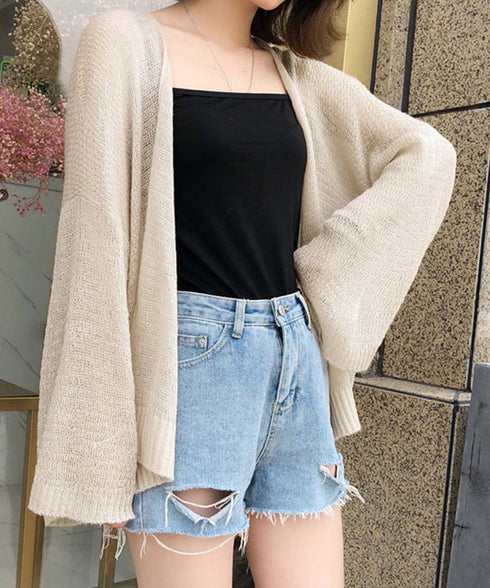 トップス 前開き カーディガン 薄手 夏 トッパーカーデ レディース きれいめ ボリューム袖 ふんわり ゆったり ショート サマーニット 韓国ファッション 3HANFUMO-001