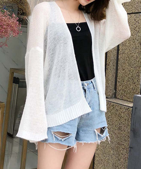 トップス 前開き カーディガン 薄手 夏 トッパーカーデ レディース きれいめ ボリューム袖 ふんわり ゆったり ショート サマーニット 韓国ファッション 3HANFUMO-001