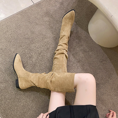 ロングブーツ レディーススエード調ブーツ 韓国 ローヒール ジョッキーブーツ くしゅくしゅ ニーハイブーツ 美脚脚長 通勤通学 カジュアル秋冬シューズ 歩きやすい 3HHAO-002