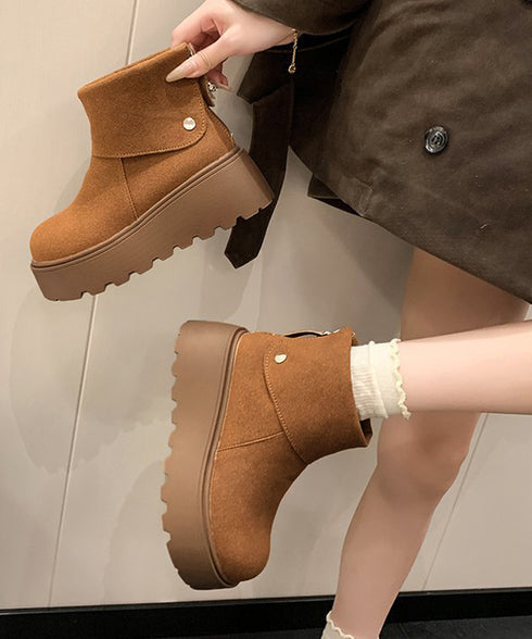 厚底ショートブーツ 秋冬シューズ美脚脚長 スエード調ブーツレディース ボリュームソール 厚底ブーツ 歩きやすい冬靴 カジュアル バッグファスナーブーツ 履きやすい 3JIANLONG-048