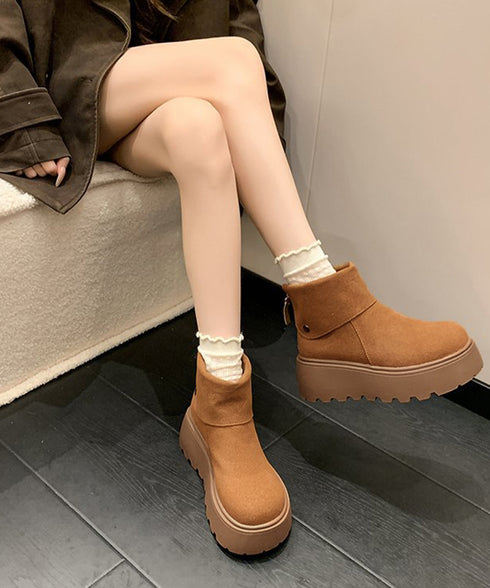 厚底ショートブーツ 秋冬シューズ美脚脚長 スエード調ブーツレディース ボリュームソール 厚底ブーツ 歩きやすい冬靴 カジュアル バッグファスナーブーツ 履きやすい 3JIANLONG-048