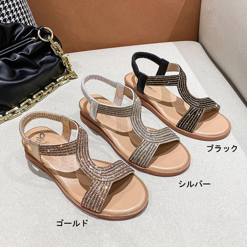 ウエッジサンダル レディース夏靴キラキラ ぺたんこサンダル 脱げない サマーサンダル 痛くない バックゴム コンフォートサンダル 美脚 履きやすい シューズ春夏 3JIANLONG-052