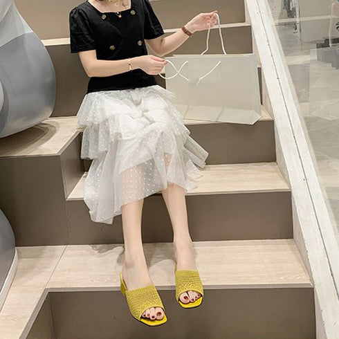 ミュールサンダル チャンキーヒール 美脚 レディース 太ヒール サンダル スクエアトゥ リゾートサンダル 歩きやすい メッシュサンダル 通気性 カジュアル春秋夏靴 3JIANLONG-053