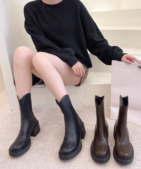 ショートブーツ レディース 厚底靴 美脚 チャンキーヒール ミドルブーツ ラウンドトゥ カジュアル靴 秋冬 バックジップブーツ 履きやすい 疲れにくいくつ人気新作 3JIANLONG-056