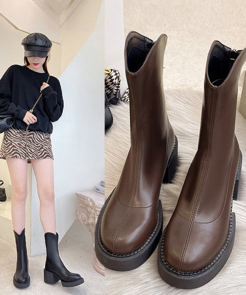 ショートブーツ レディース 厚底靴 美脚 チャンキーヒール ミドルブーツ ラウンドトゥ カジュアル靴 秋冬 バックジップブーツ 履きやすい 疲れにくいくつ人気新作 3JIANLONG-056