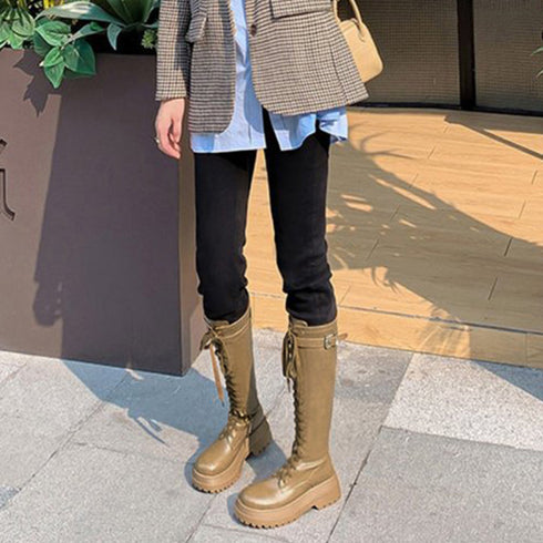 厚底 ロングブーツ レースアップ 韓国風 レディースローヒール ジョッキーブーツ 履きやすい バックジップ 美脚 歩きやすい ニーハイブーツ ボリューム感シューズ 3JIANLONG-058