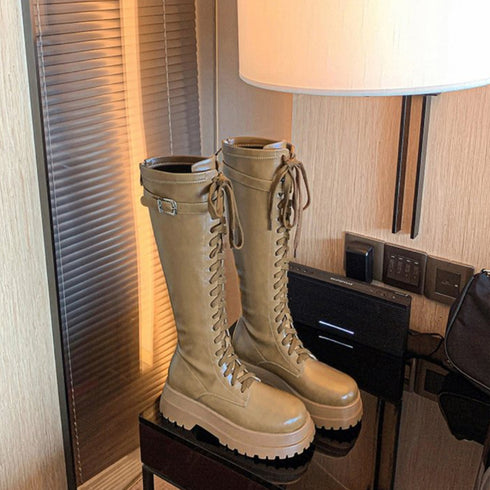 厚底 ロングブーツ レースアップ 韓国風 レディースローヒール ジョッキーブーツ 履きやすい バックジップ 美脚 歩きやすい ニーハイブーツ ボリューム感シューズ 3JIANLONG-058