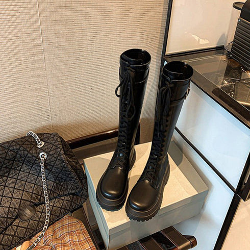 厚底 ロングブーツ レースアップ 韓国風 レディースローヒール ジョッキーブーツ 履きやすい バックジップ 美脚 歩きやすい ニーハイブーツ ボリューム感シューズ 3JIANLONG-058